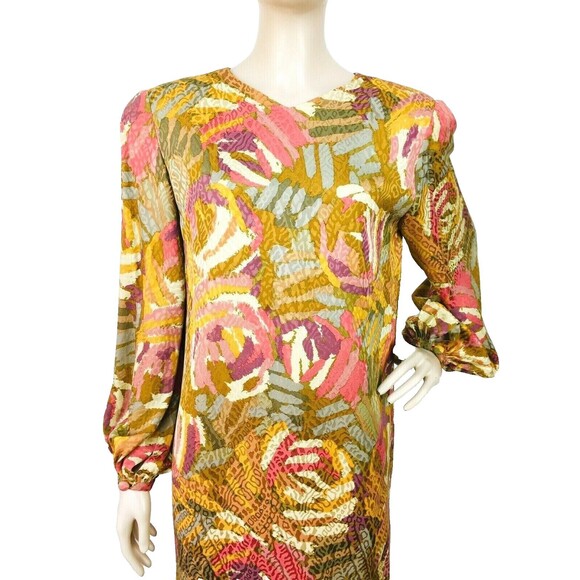 VTG 80s Silk Floral Brocade Balloon Sleeve Wayne Kastning Helga Dress S/M NEW - Picture 3 of 8